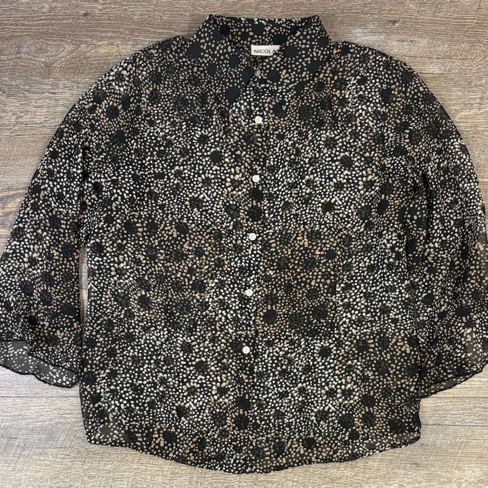 Nicola Sheer Printed Button-Down Blouse | Black & Cream | Lightweight